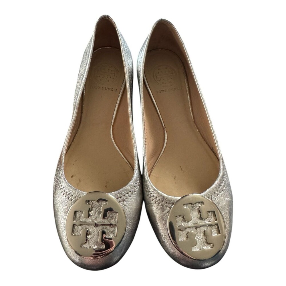 Tory Burch Metallic Silver Logo Ballet Flats